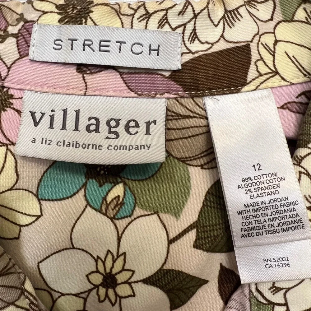 Villager Liz Claiborne‎ Purple Teal Floral Cotton Stretch Skirt Set Size 12